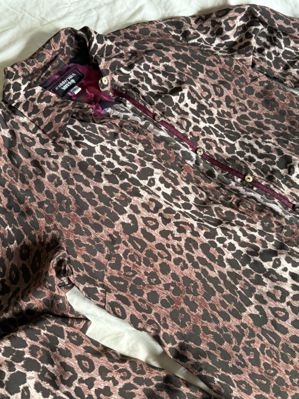 Johnny Was Leopard Print Silk Shirt Jacket in Brown and Pink